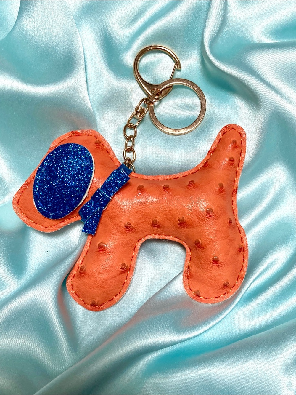 Orange Puppy leather Keychain Ostrich Blue Glitter Accent New